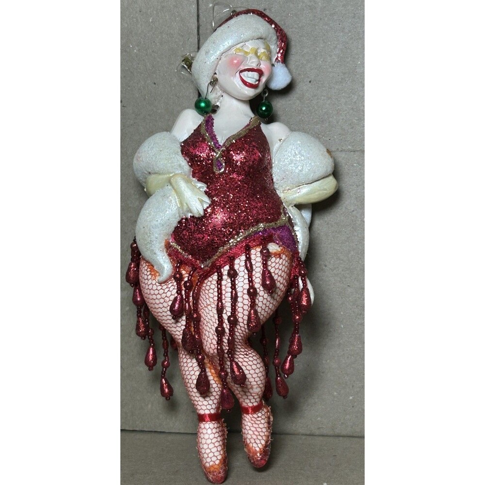 Kurt S Adler Christmas Showgirl Ornament Red Glitter Santa Hat Fishnet 8”